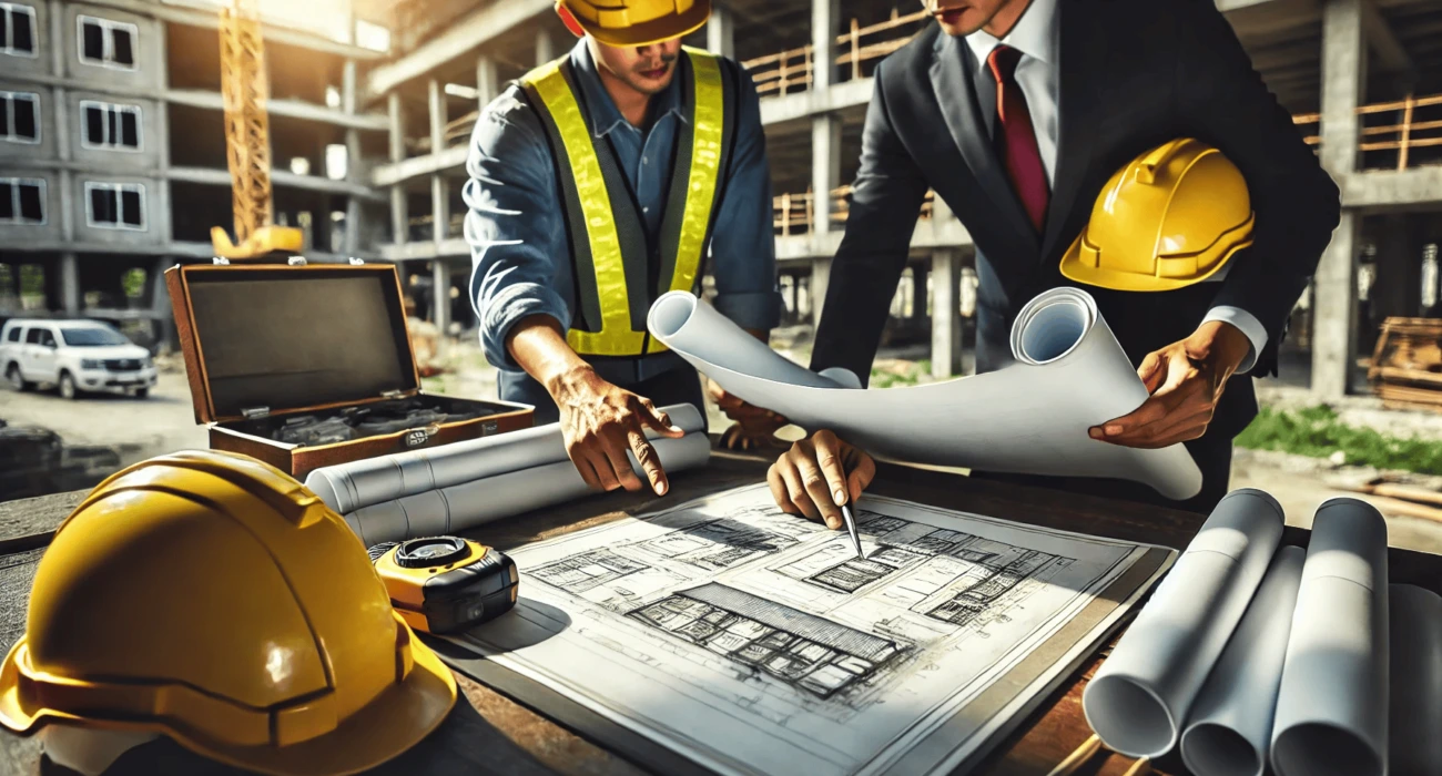 An architect and a contractor reviewing blueprints and documents on site