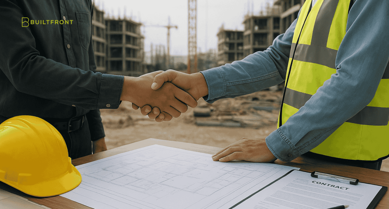 Contractor and client shaking hands over construction blueprints representing different types of construction contracts.