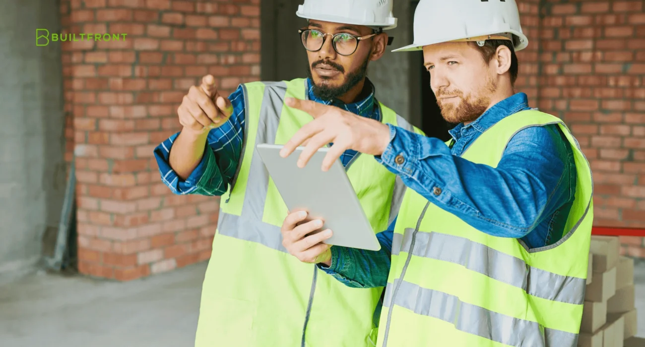Two construction managers in safety vests and hard hats reviewing project plans on a tablet, demonstrating improved digital communication between a contractor and subcontractor.